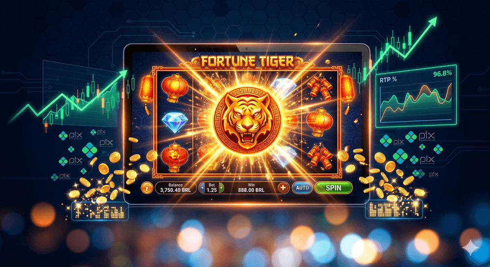 Tela de slot Fortune Tiger exibindo animação de free spins com moedas caindo e símbolo de rodadas grátis em destaque